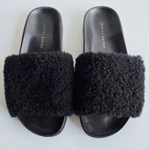 Jenni Kayne Black Shearling Fur Leather Slip On Slides Sandals 38 7.5 8 Italy